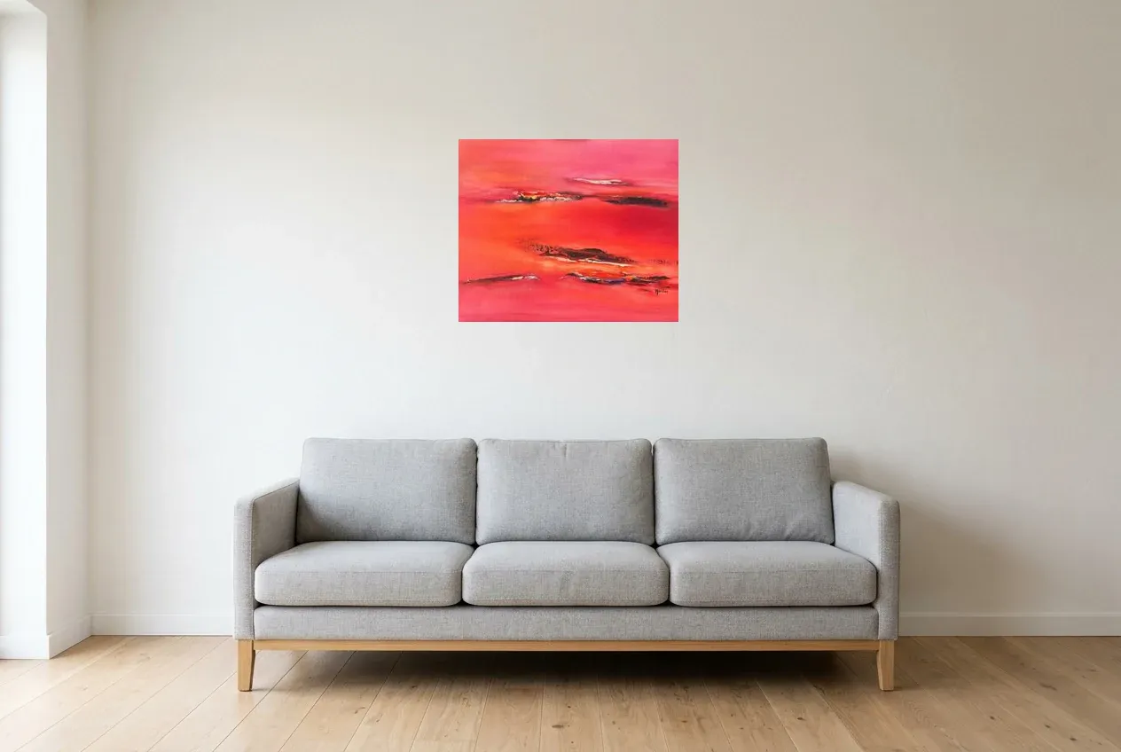 Cuadro Abstracto Rojo 70 “El Paso”, pintura original al óleo de Régine Gardan, 60 × 50 cm, colgado en un salón