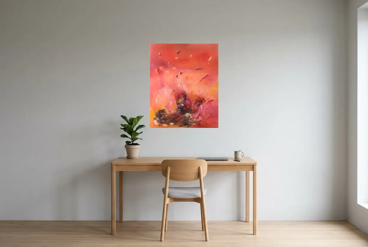 Cuadro Abstracto Rojo 72 “Fiesta”, pintura original al óleo de Régine Gardan, 65 × 80 cm, colgado en un despacho