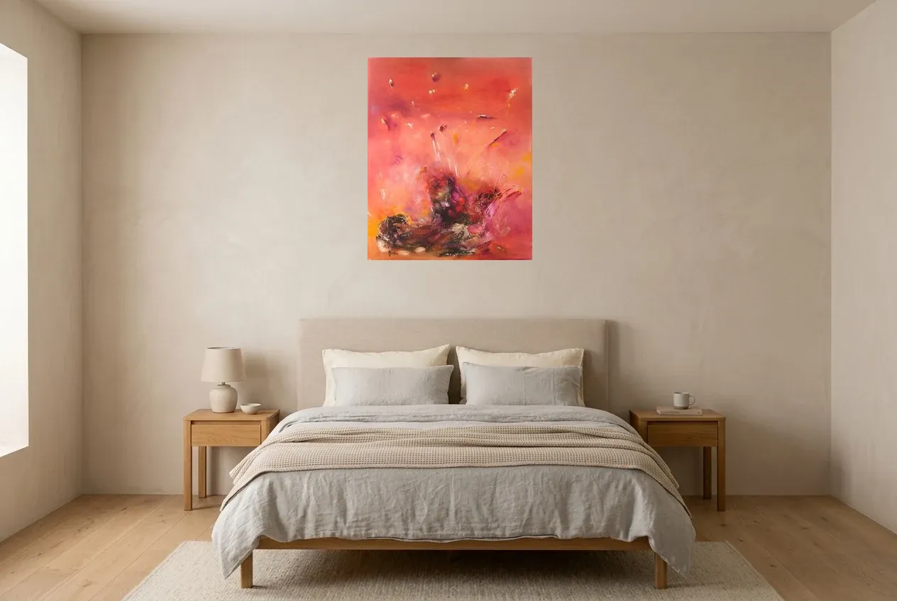 Cuadro Abstracto Rojo 72 “Fiesta”, pintura original al óleo de Régine Gardan, 65 × 80 cm, colgado en un dormitorio
