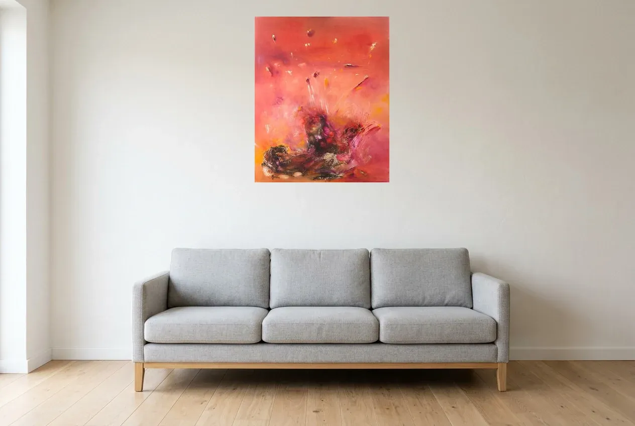 Cuadro Abstracto Rojo 72 “Fiesta”, pintura original al óleo de Régine Gardan, 65 × 80 cm, colgado en un salón