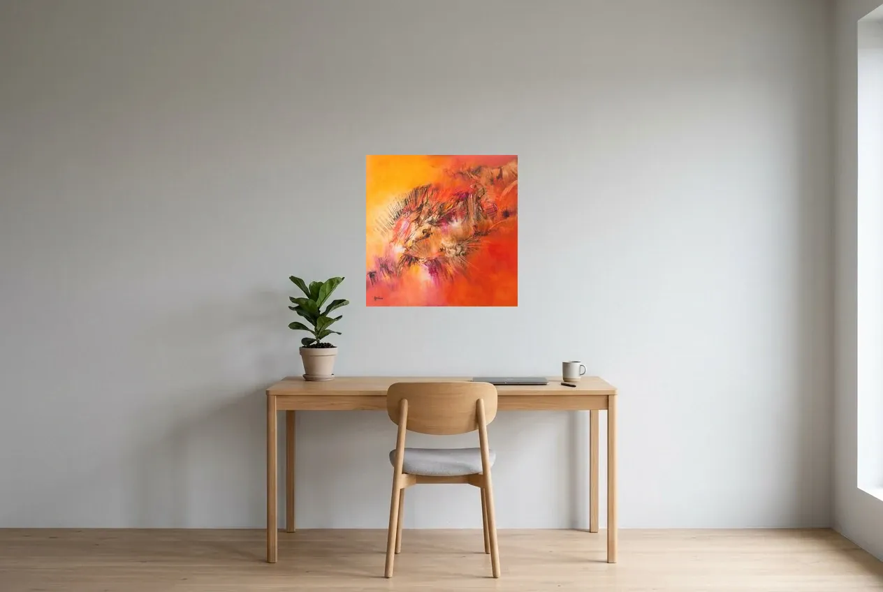 Red Abstract Painting 83 “Fossil”, original oil painting by Régine Gardan, 60 × 60 cm, hung in a home office