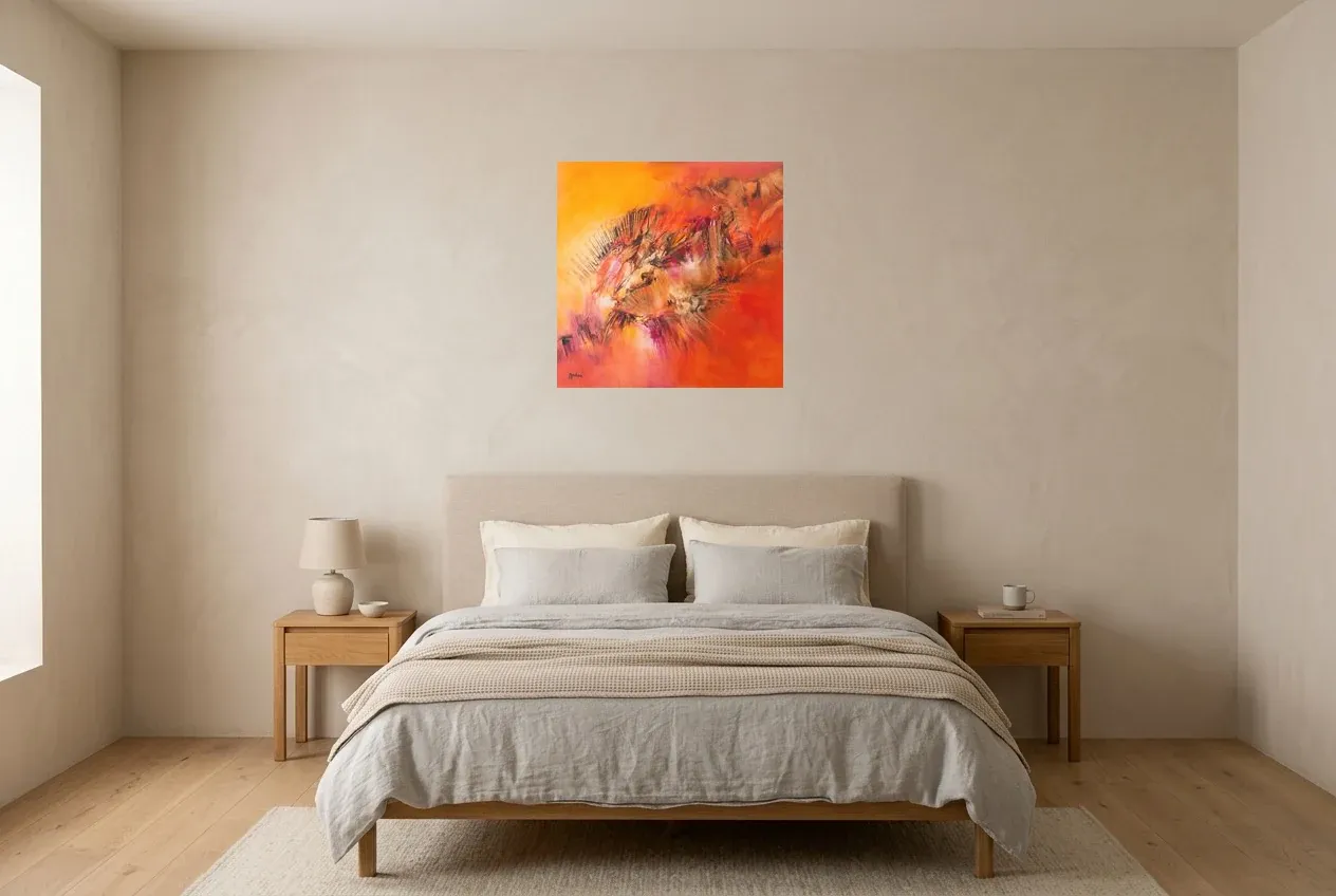 Red Abstract Painting 83 “Fossil”, original oil painting by Régine Gardan, 60 × 60 cm, hung in a bedroom