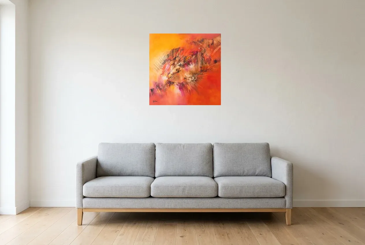 Red Abstract Painting 83 “Fossil”, original oil painting by Régine Gardan, 60 × 60 cm, hung in a living room