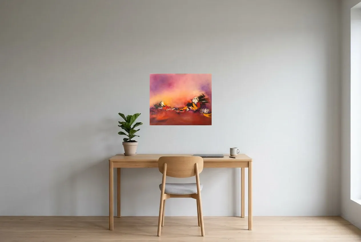 Cuadro Abstracto Rojo 84 “Amor”, pintura original al óleo de Régine Gardan, 60 × 50 cm, colgado en un despacho