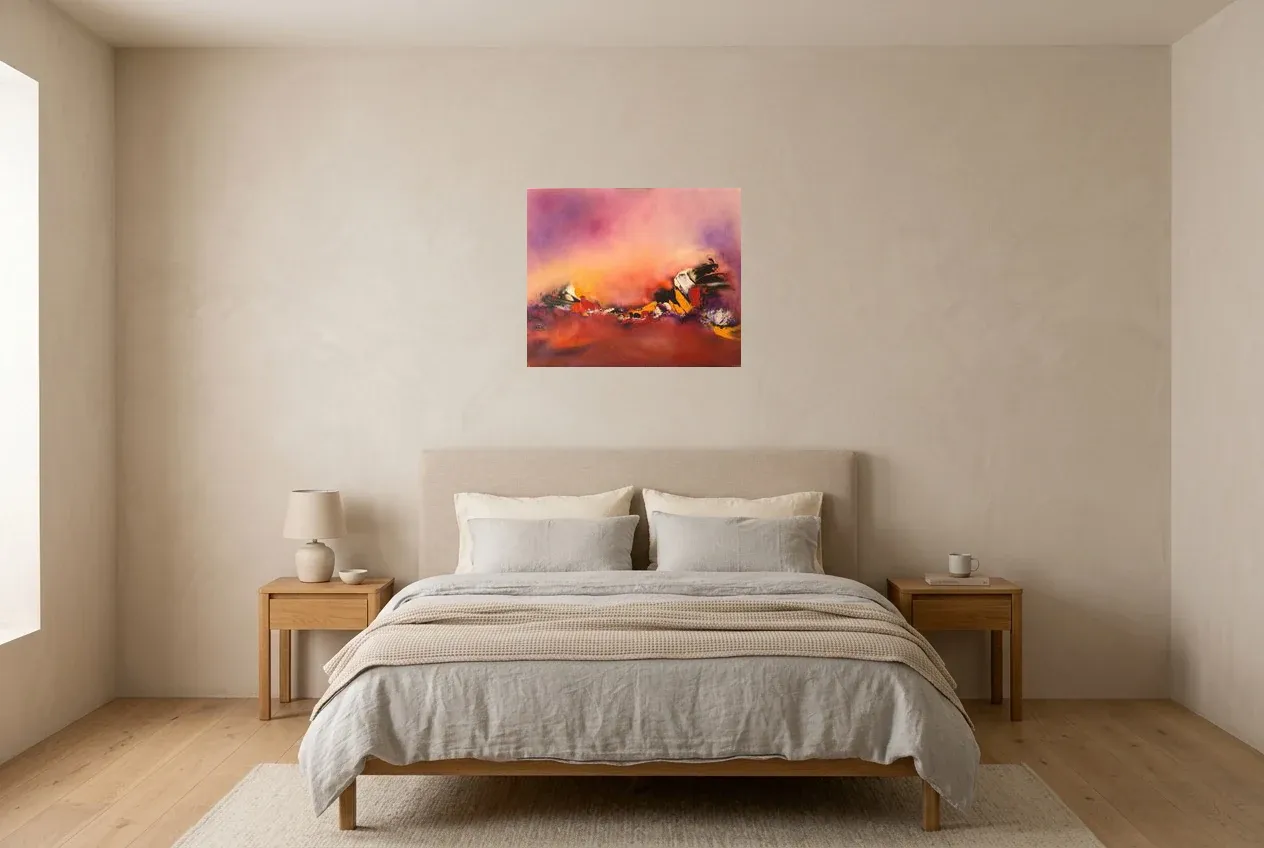 Cuadro Abstracto Rojo 84 “Amor”, pintura original al óleo de Régine Gardan, 60 × 50 cm, colgado en un dormitorio