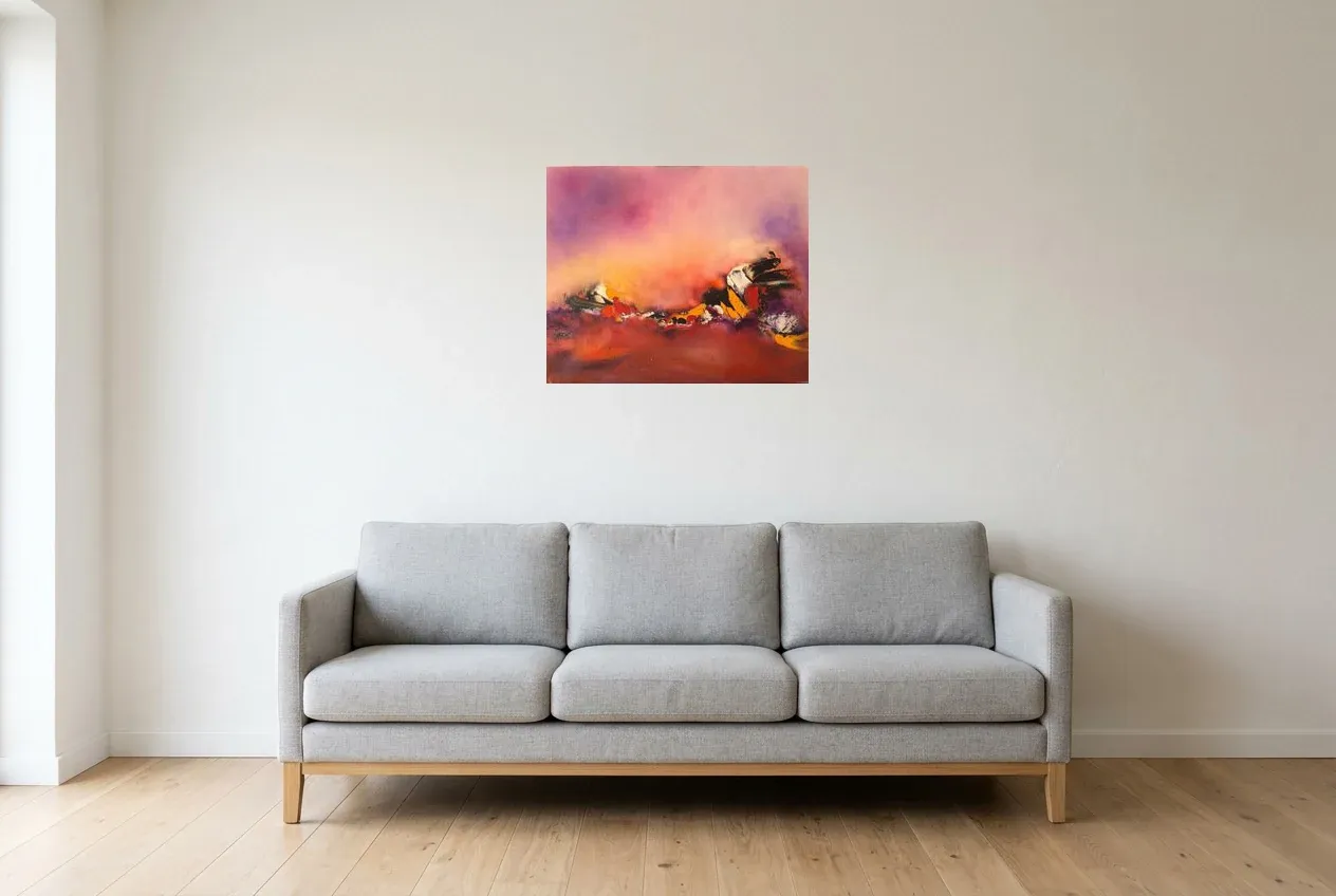 Cuadro Abstracto Rojo 84 “Amor”, pintura original al óleo de Régine Gardan, 60 × 50 cm, colgado en un salón