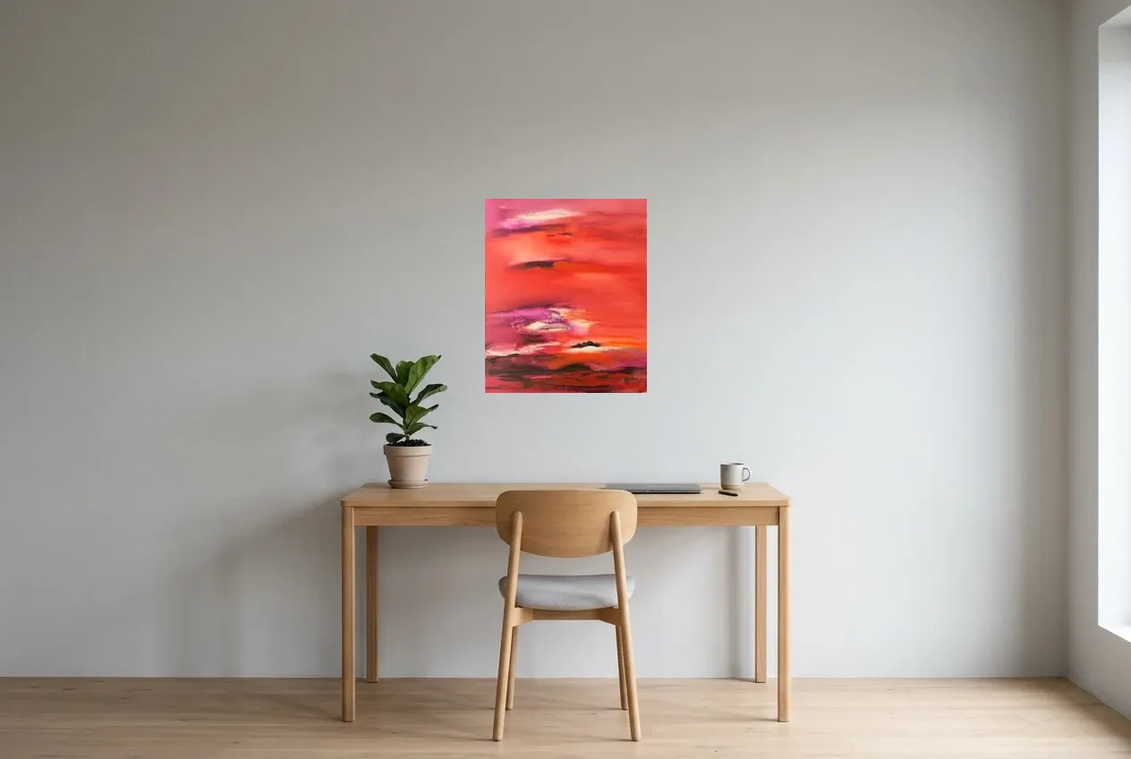 Red Abstract Painting 85 “Twilight”, original oil painting by Régine Gardan, 50 × 60 cm, hung in a home office