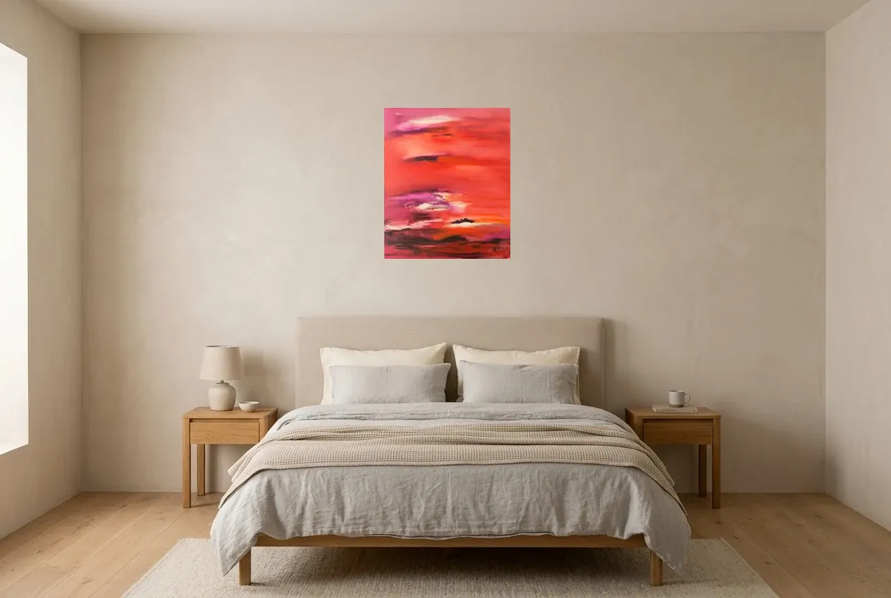 Red Abstract Painting 85 “Twilight”, original oil painting by Régine Gardan, 50 × 60 cm, hung in a bedroom