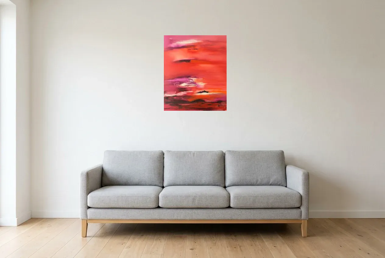 Red Abstract Painting 85 “Twilight”, original oil painting by Régine Gardan, 50 × 60 cm, hung in a living room