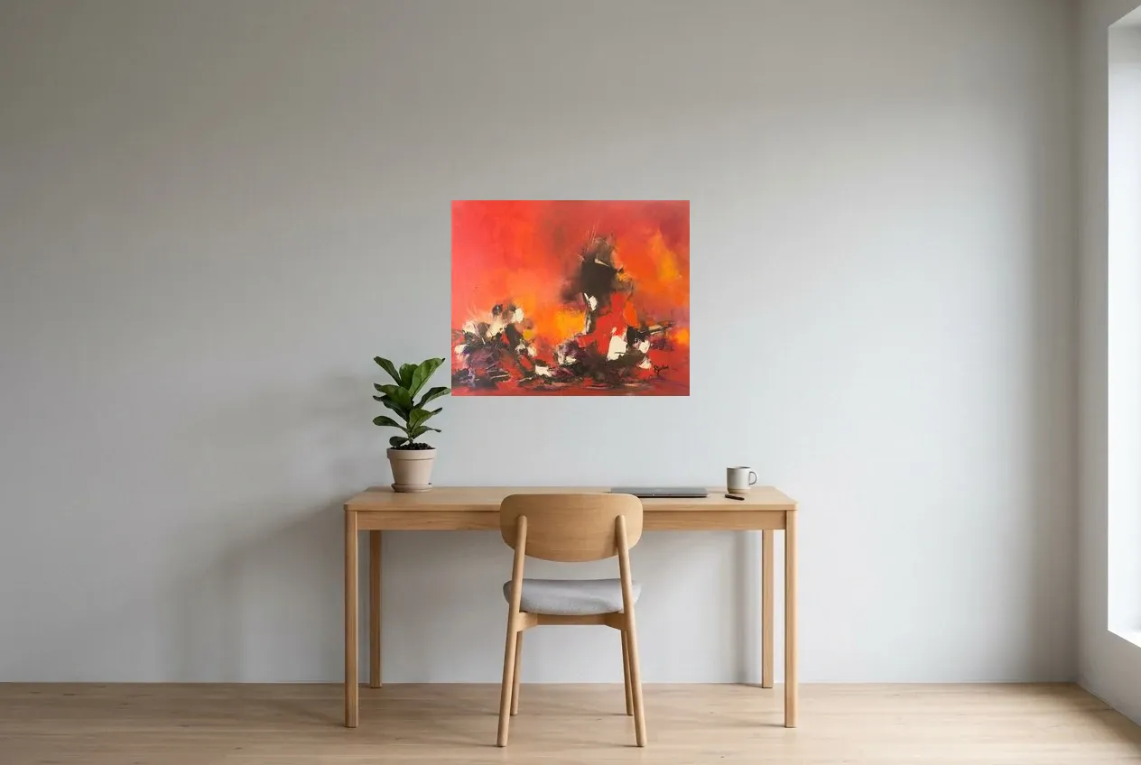 Red Abstract Painting 87 “Throne of Fire”, original oil painting by Régine Gardan, 73 × 60 cm, hung in a home office