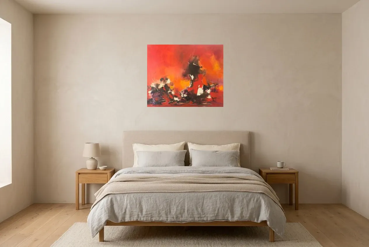 Red Abstract Painting 87 “Throne of Fire”, original oil painting by Régine Gardan, 73 × 60 cm, hung in a bedroom