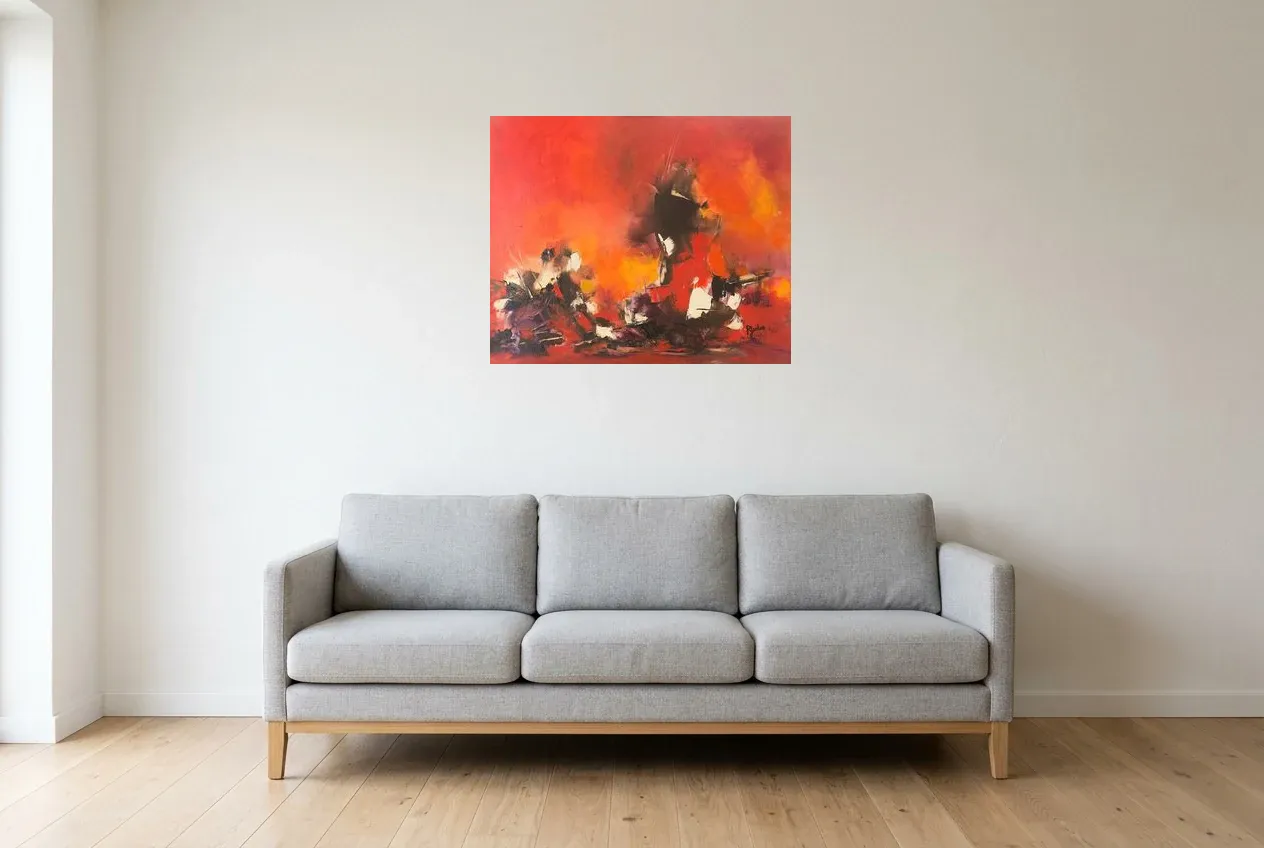 Red Abstract Painting 87 “Throne of Fire”, original oil painting by Régine Gardan, 73 × 60 cm, hung in a living room