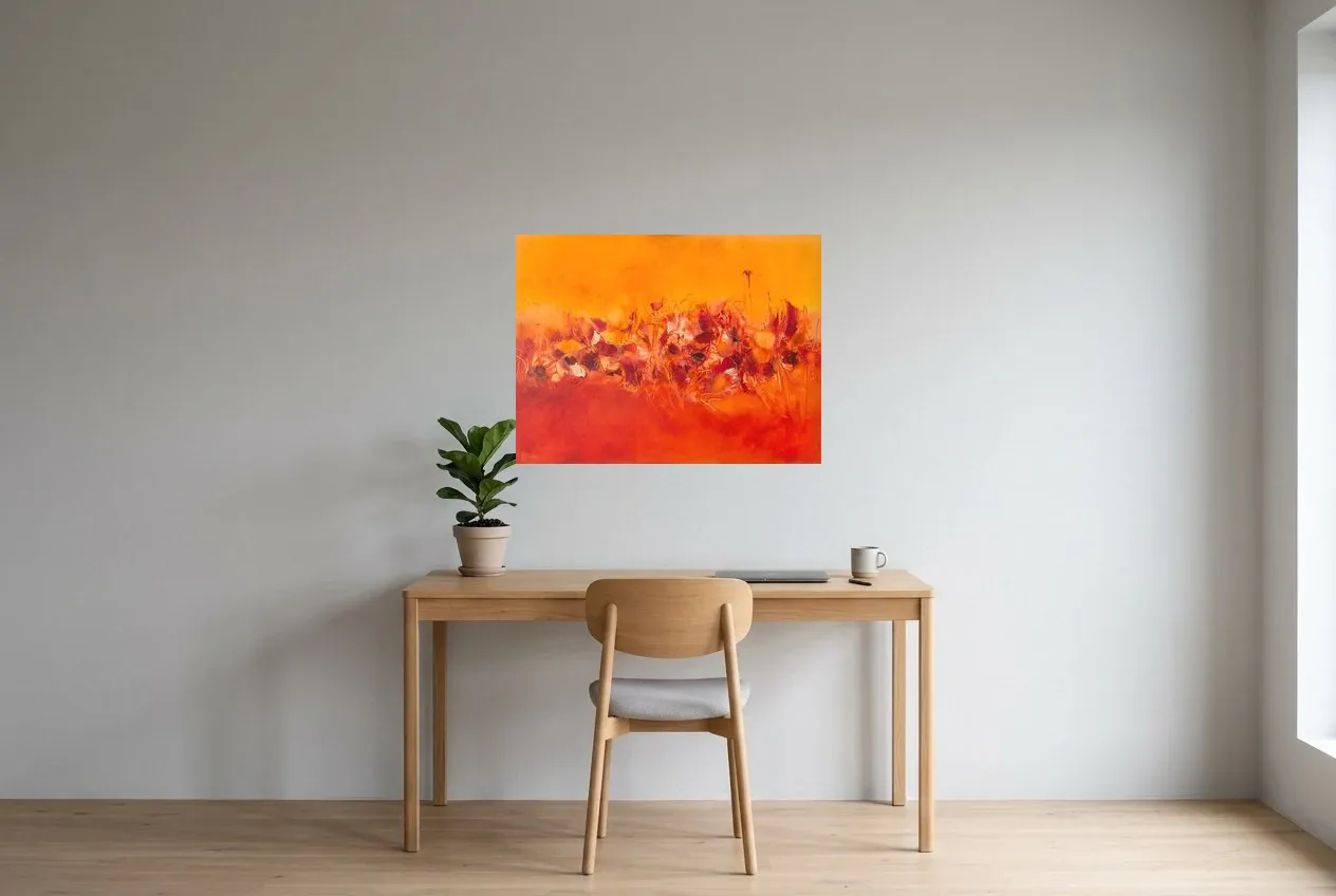 Red Abstract Painting 94 “Flora and Fauna”, original oil painting by Régine Gardan, 80 × 60 cm, hung in a home office
