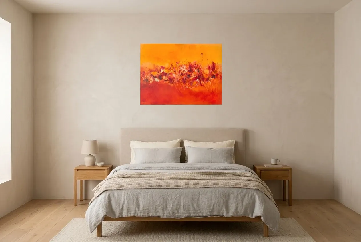 Red Abstract Painting 94 “Flora and Fauna”, original oil painting by Régine Gardan, 80 × 60 cm, hung in a bedroom