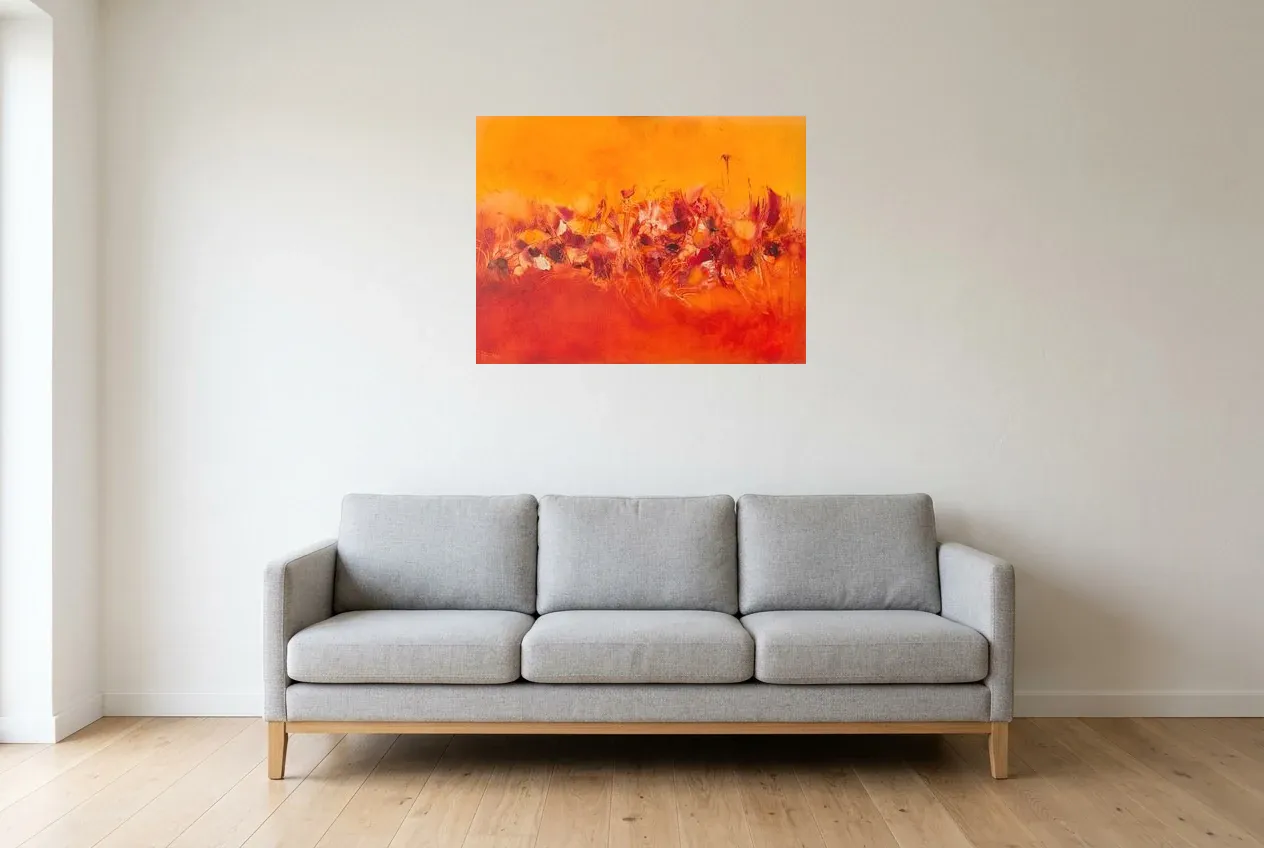 Red Abstract Painting 94 “Flora and Fauna”, original oil painting by Régine Gardan, 80 × 60 cm, hung in a living room