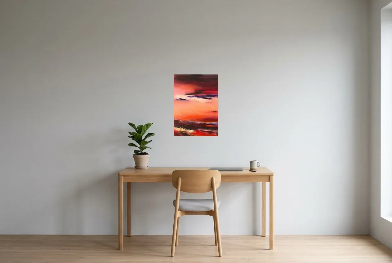 Red Abstract Painting 95 “Le Temps”, original oil painting by Régine Gardan, 40 × 55 cm, hung in a home office