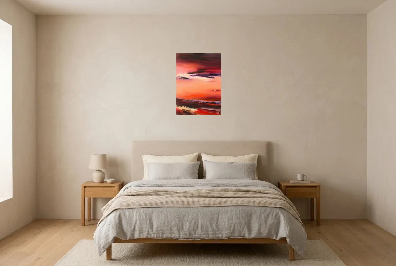 Red Abstract Painting 95 “Le Temps”, original oil painting by Régine Gardan, 40 × 55 cm, hung in a bedroom