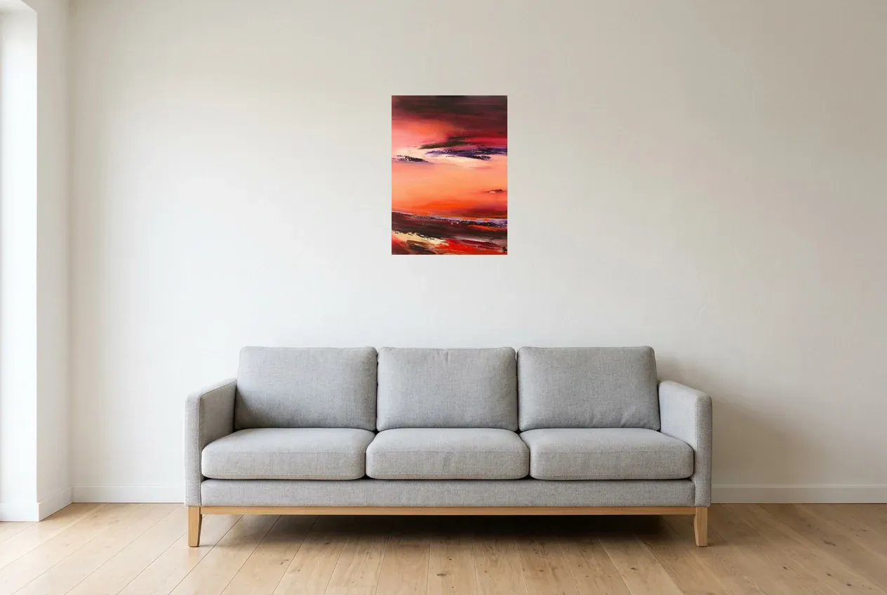 Red Abstract Painting 95 “Le Temps”, original oil painting by Régine Gardan, 40 × 55 cm, hung in a living room
