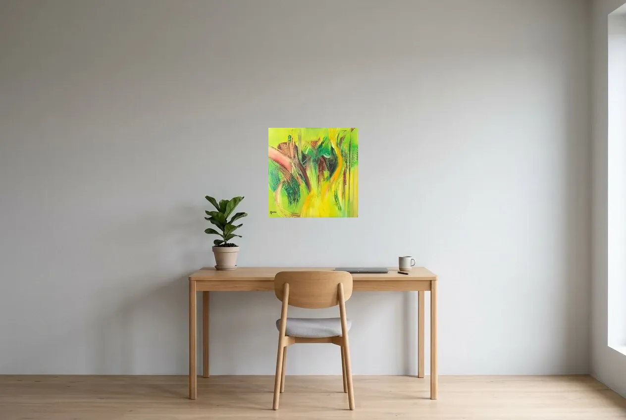 Green Abstract Painting 110 “Algue”, original oil painting by Régine Gardan, 50 × 50 cm, hung in a home office