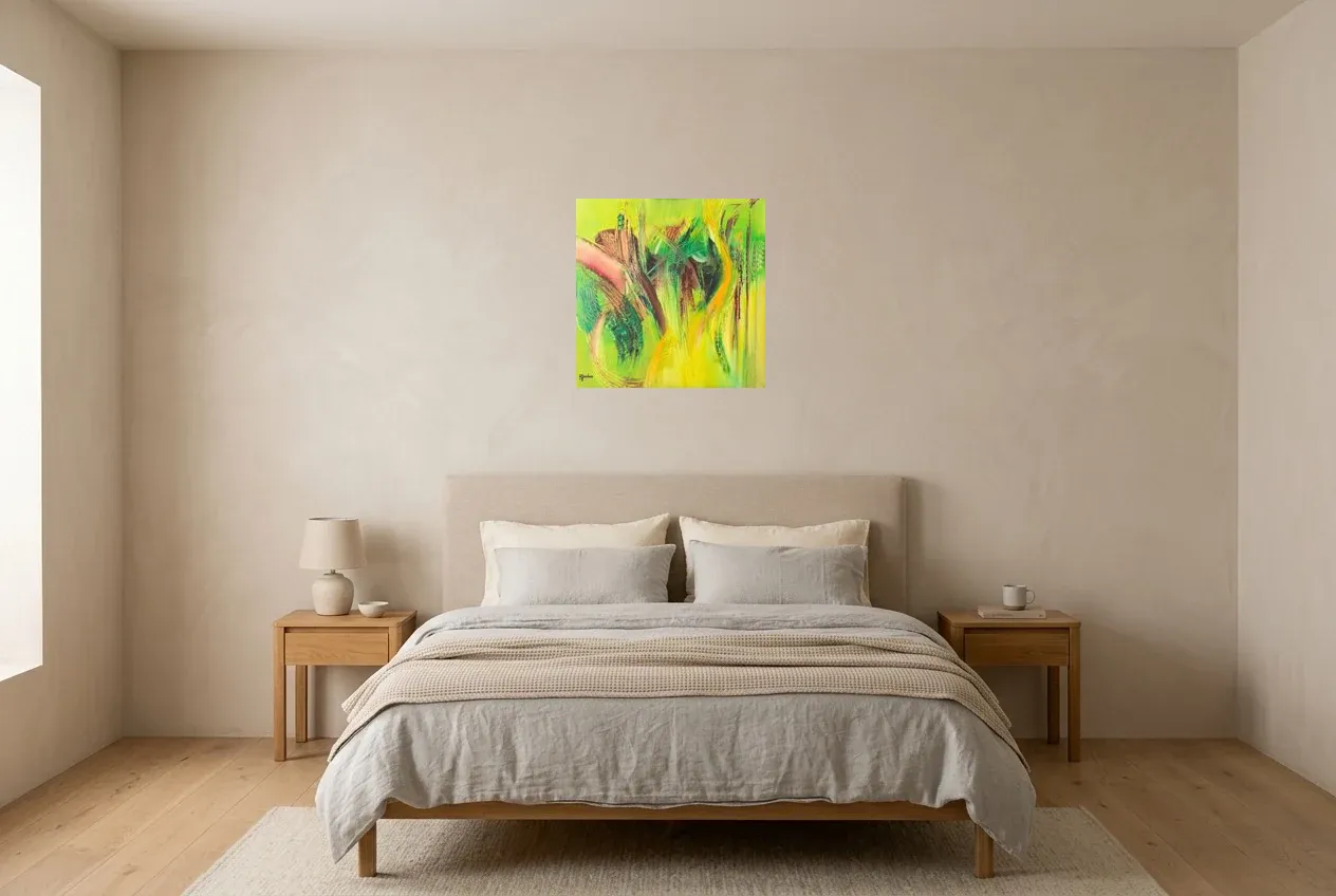 Green Abstract Painting 110 “Algue”, original oil painting by Régine Gardan, 50 × 50 cm, hung in a bedroom