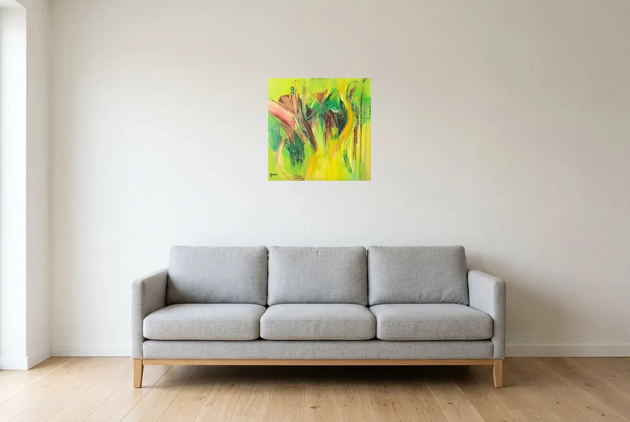 Green Abstract Painting 110 “Algue”, original oil painting by Régine Gardan, 50 × 50 cm, hung in a living room