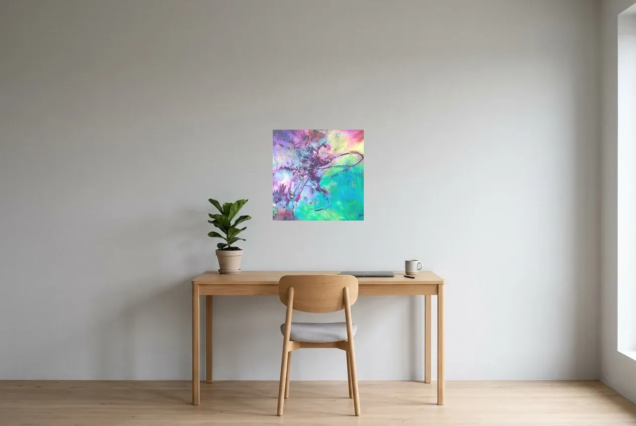 Cuadro Abstracto Verde 112 “Nébuleuse”, pintura original al óleo de Régine Gardan, 50 × 50 cm, colgado en un despacho