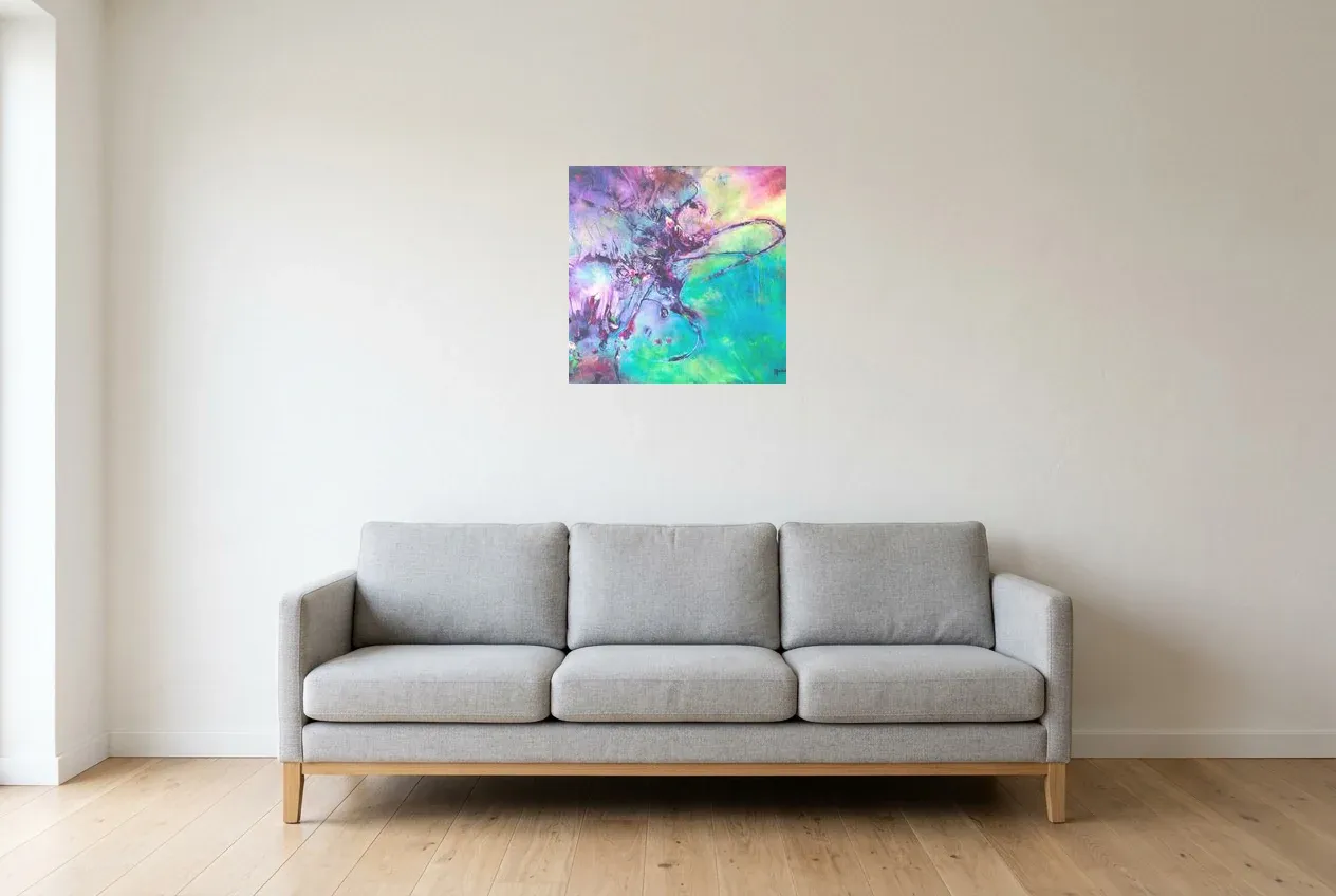 Cuadro Abstracto Verde 112 “Nébuleuse”, pintura original al óleo de Régine Gardan, 50 × 50 cm, colgado en un salón