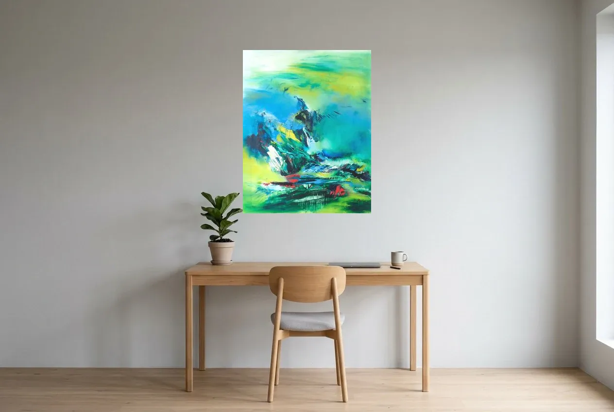 Cuadro Abstracto Verde 117 “Aigle”, pintura original al óleo de Régine Gardan, 73 × 93 cm, colgado en un despacho