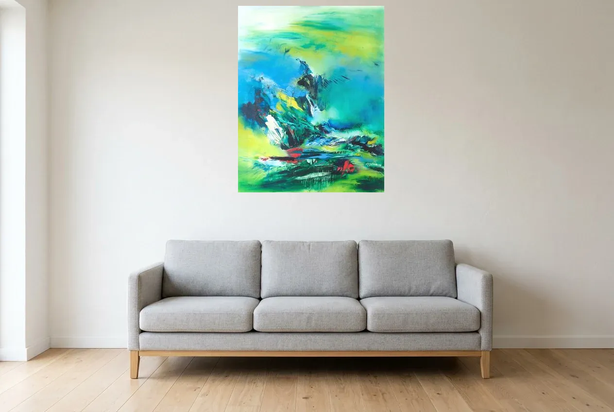 Cuadro Abstracto Verde 117 “Aigle”, pintura original al óleo de Régine Gardan, 73 × 93 cm, colgado en un salón