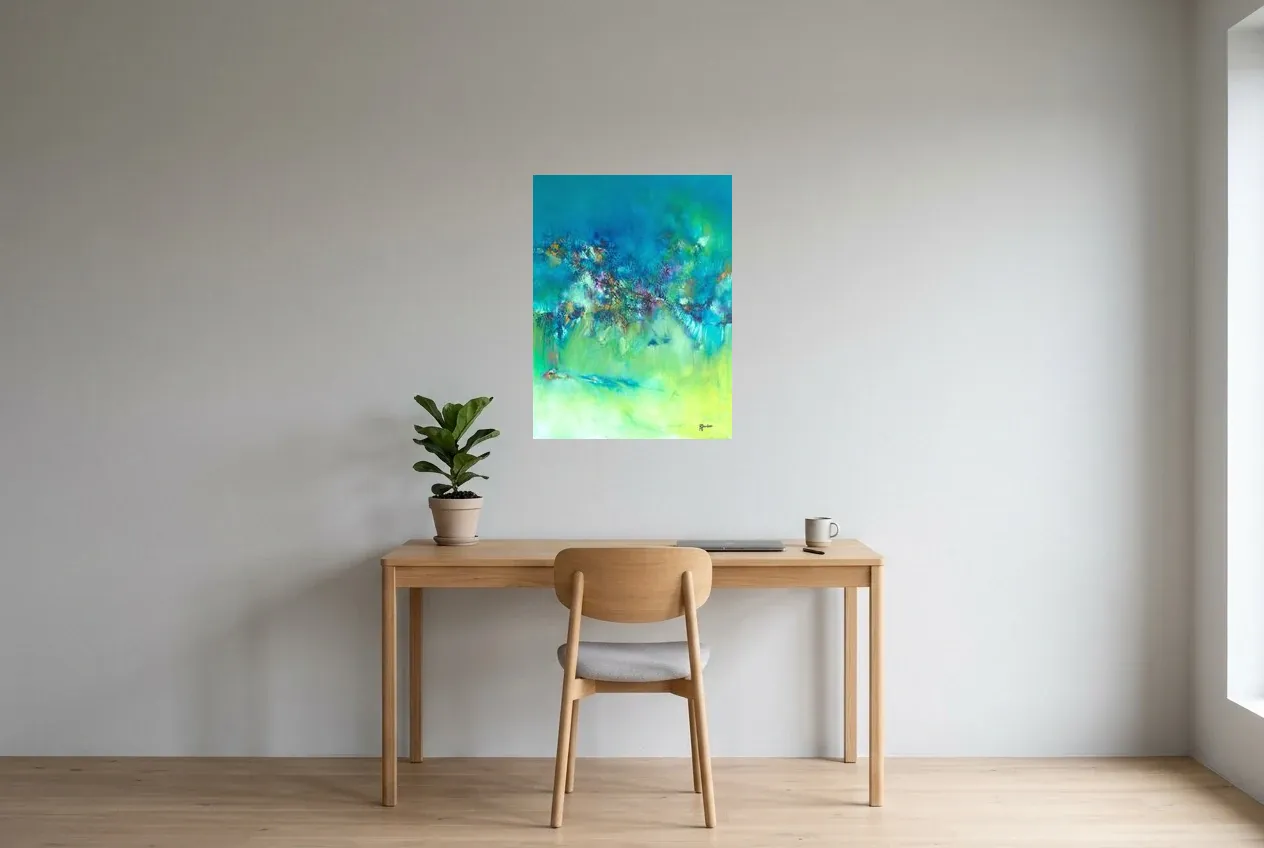 Green Abstract Painting 122 “Distorsion”, original oil painting by Régine Gardan, 55 × 73 cm, hung in a home office