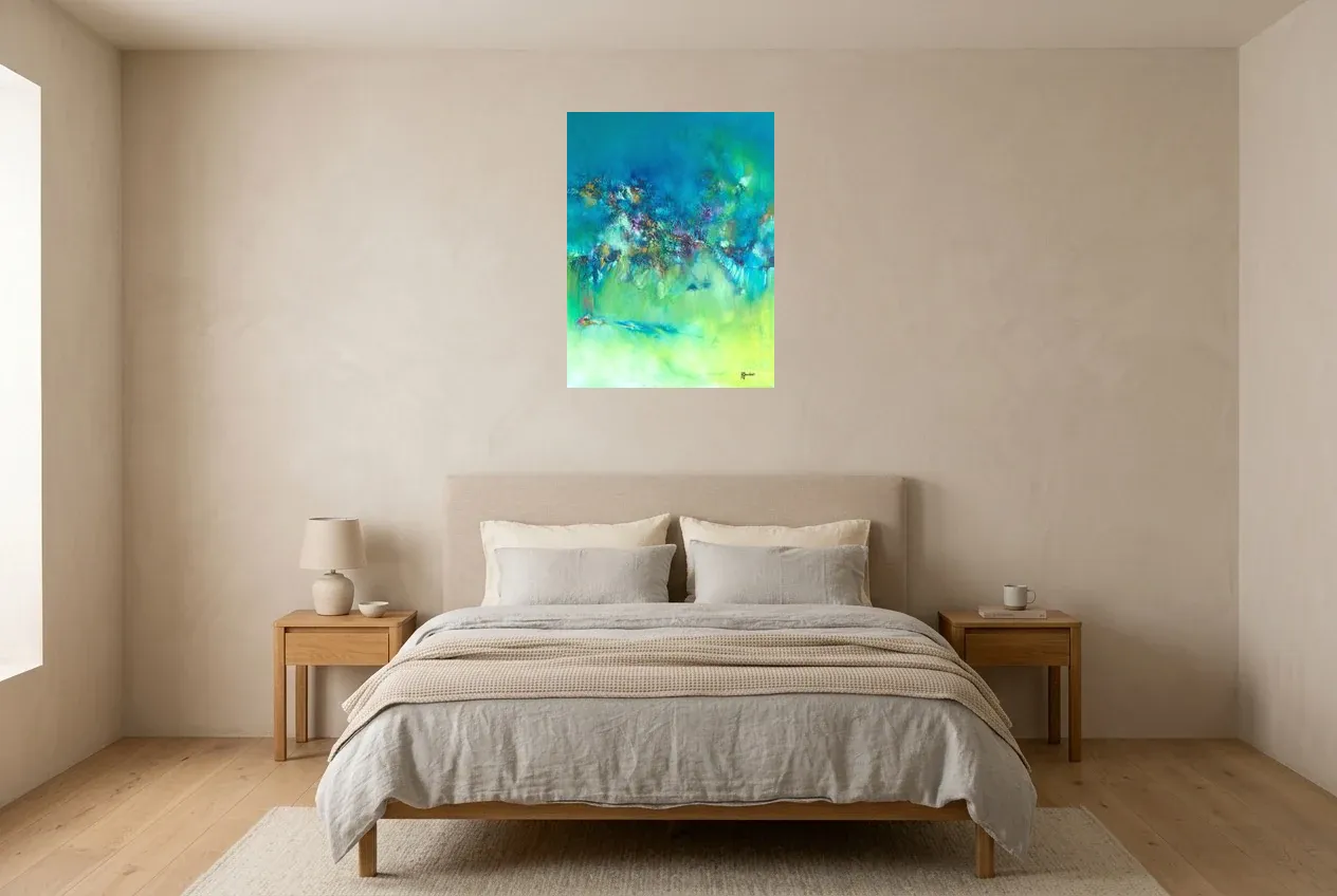 Green Abstract Painting 122 “Distorsion”, original oil painting by Régine Gardan, 55 × 73 cm, hung in a bedroom
