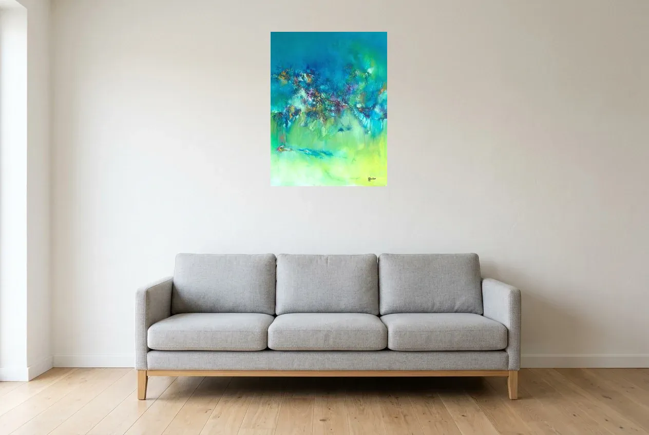 Green Abstract Painting 122 “Distorsion”, original oil painting by Régine Gardan, 55 × 73 cm, hung in a living room