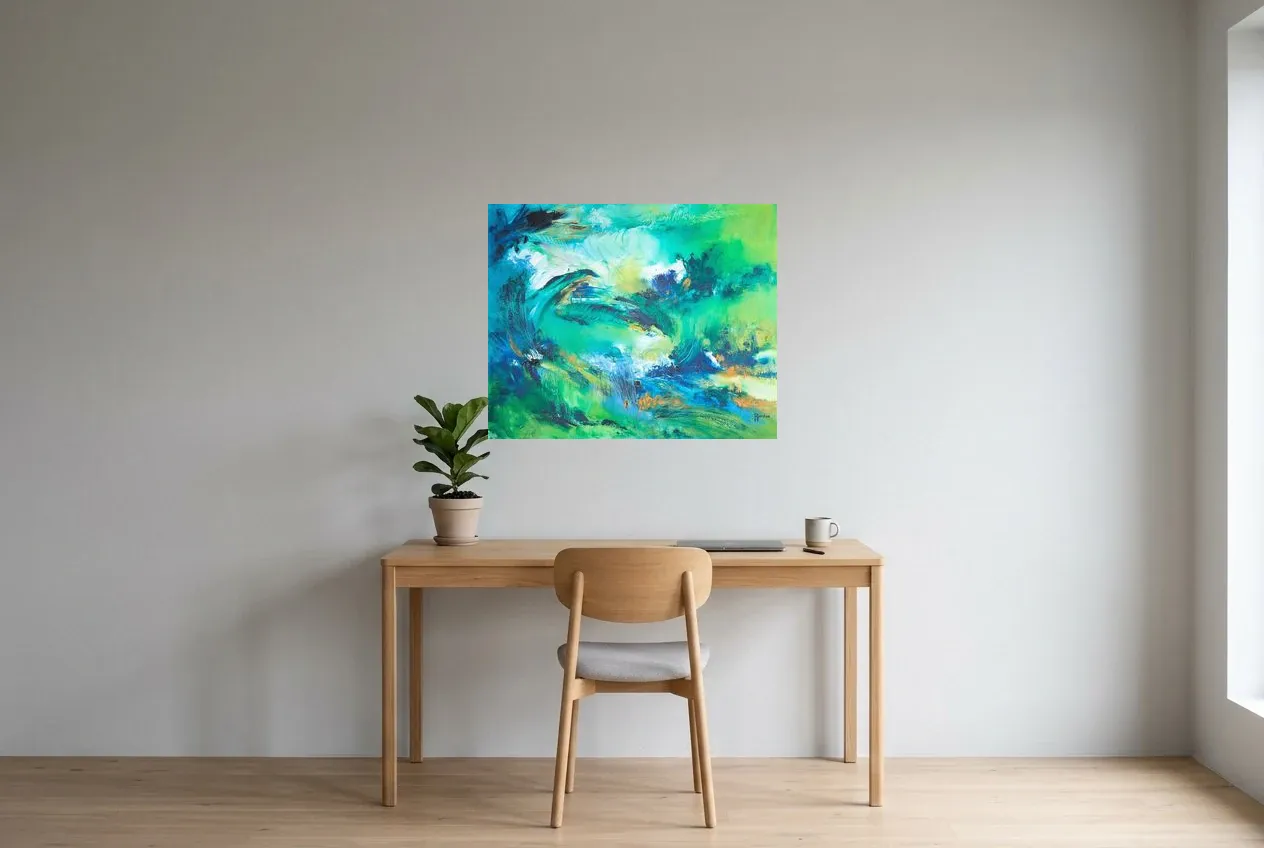 Cuadro Abstracto Verde 123 “Nature”, pintura original al óleo de Régine Gardan, 80 × 65 cm, colgado en un despacho