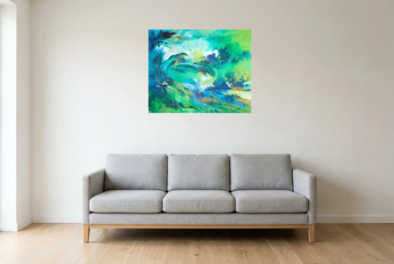 Cuadro Abstracto Verde 123 “Nature”, pintura original al óleo de Régine Gardan, 80 × 65 cm, colgado en un salón