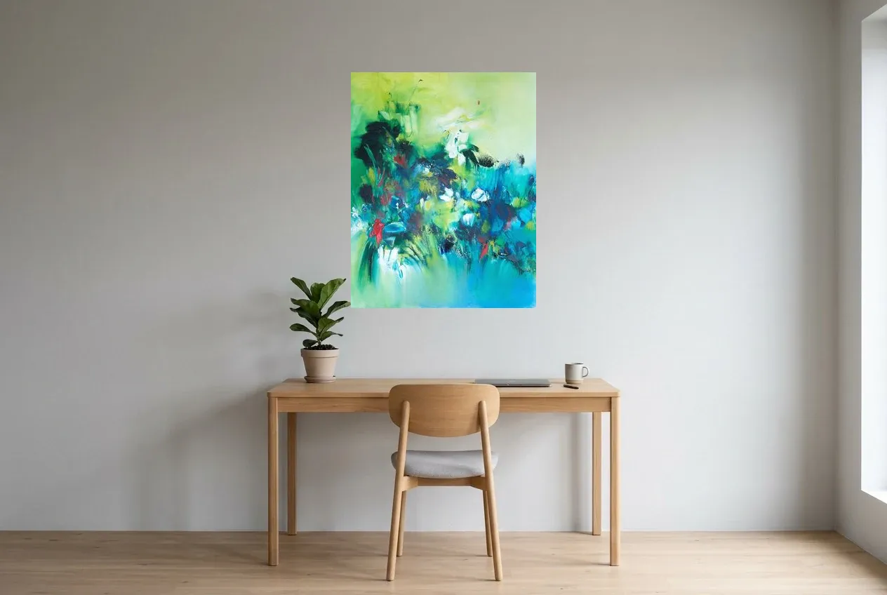 Cuadro Abstracto Verde 124 “Fraicheur”, pintura original al óleo de Régine Gardan, 73 × 93 cm, colgado en un despacho