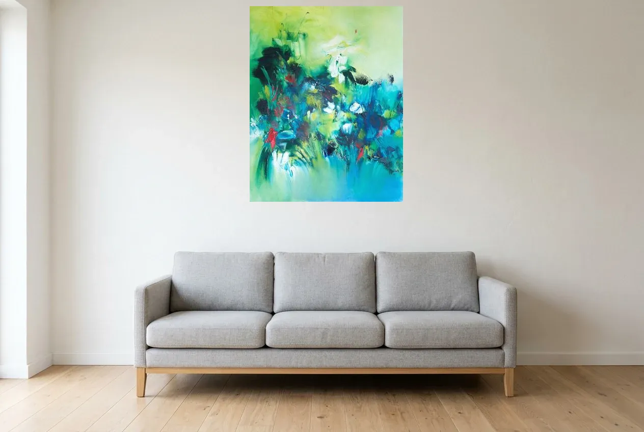 Cuadro Abstracto Verde 124 “Fraicheur”, pintura original al óleo de Régine Gardan, 73 × 93 cm, colgado en un salón