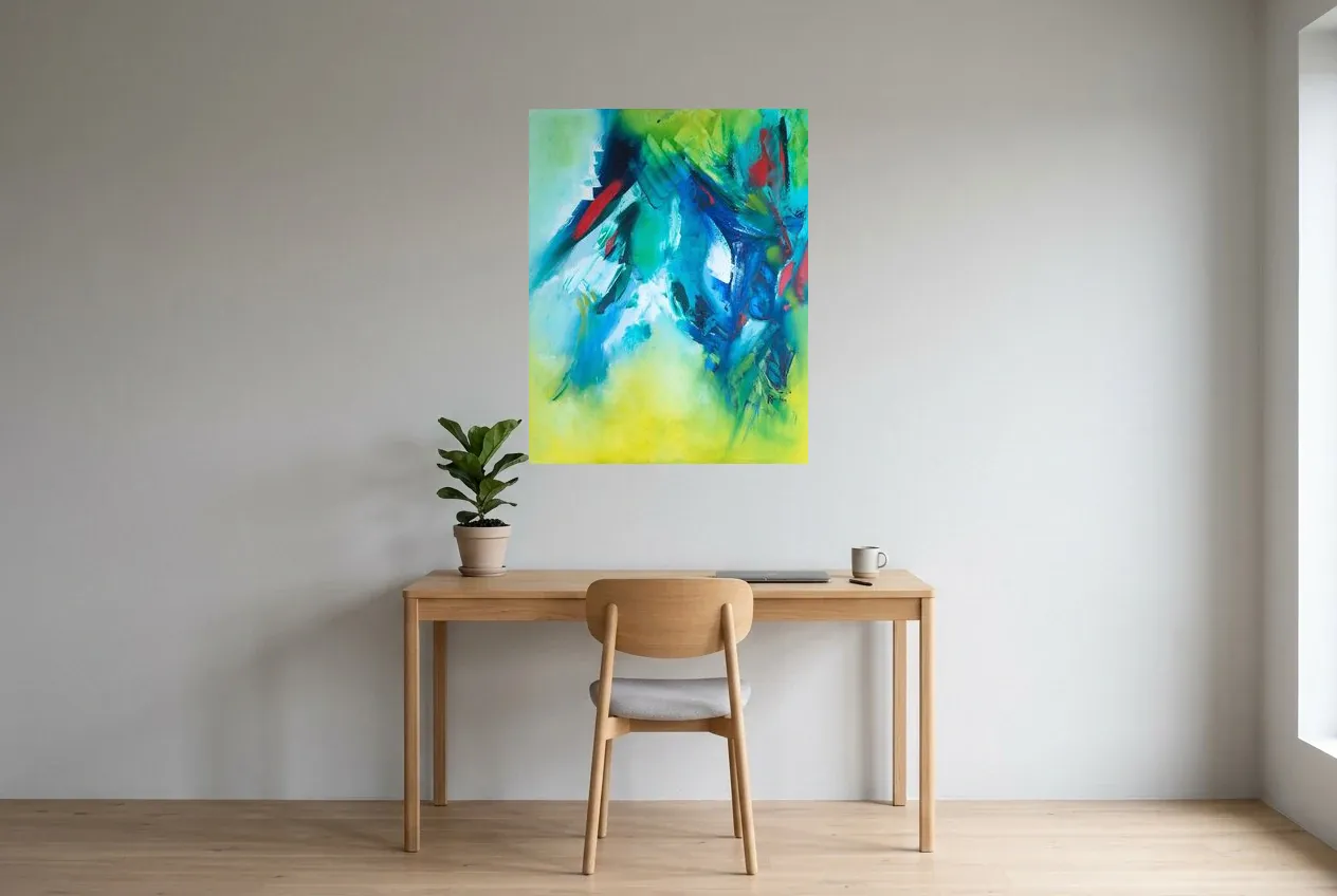 Green Abstract Painting 134 “Électricité Végétal”, original oil painting by Régine Gardan, 73 × 93 cm, hung in a home office