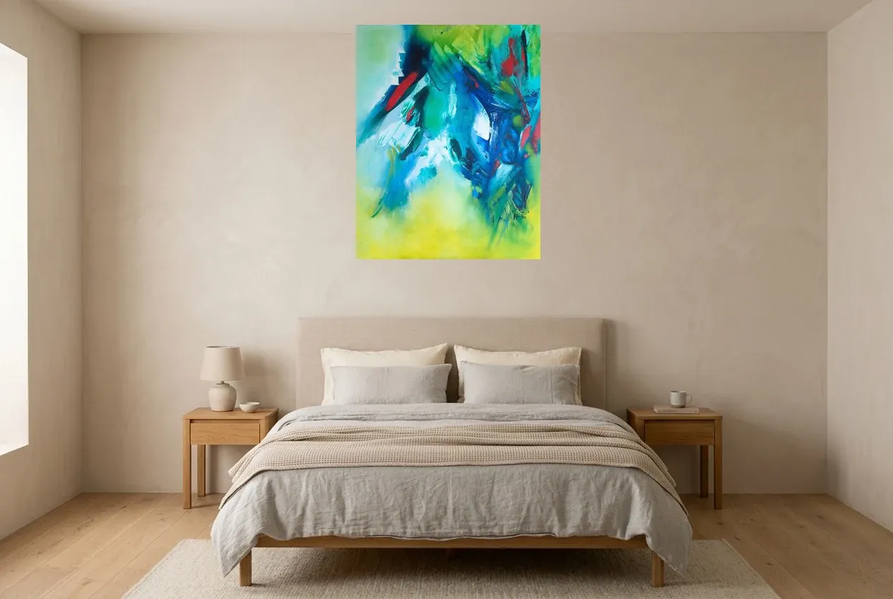 Green Abstract Painting 134 “Électricité Végétal”, original oil painting by Régine Gardan, 73 × 93 cm, hung in a bedroom