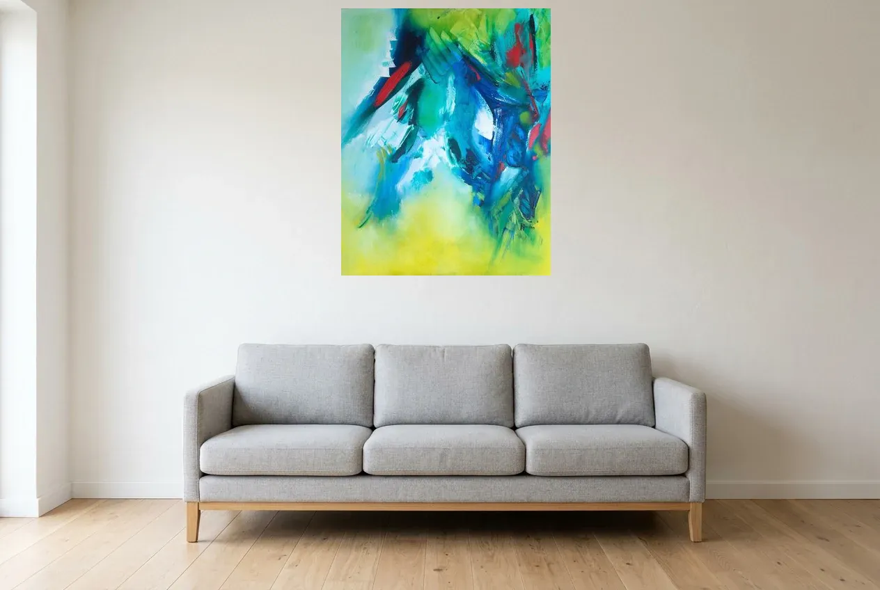 Green Abstract Painting 134 “Électricité Végétal”, original oil painting by Régine Gardan, 73 × 93 cm, hung in a living room