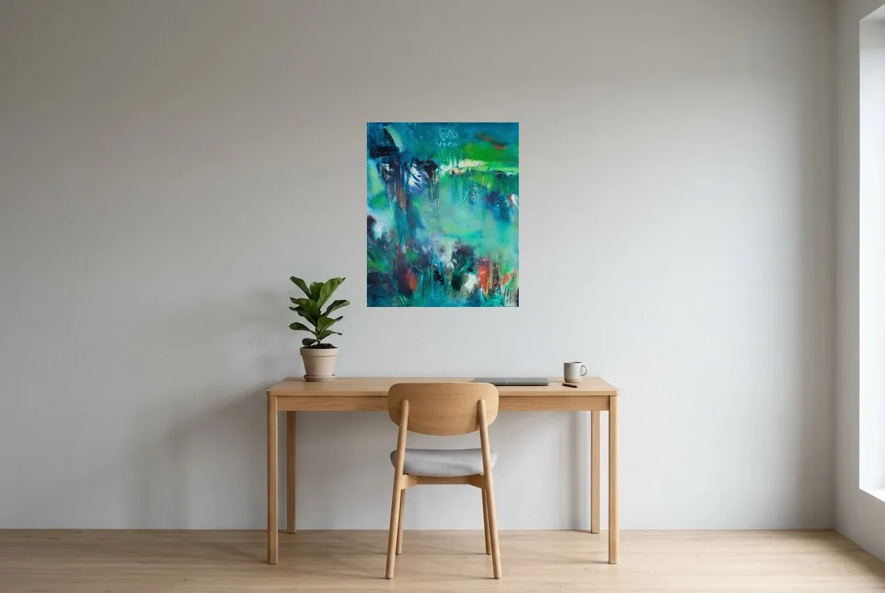 Green Abstract Painting 136 “Lac De Jungle”, original oil painting by Régine Gardan, 60 × 73 cm, hung in a home office