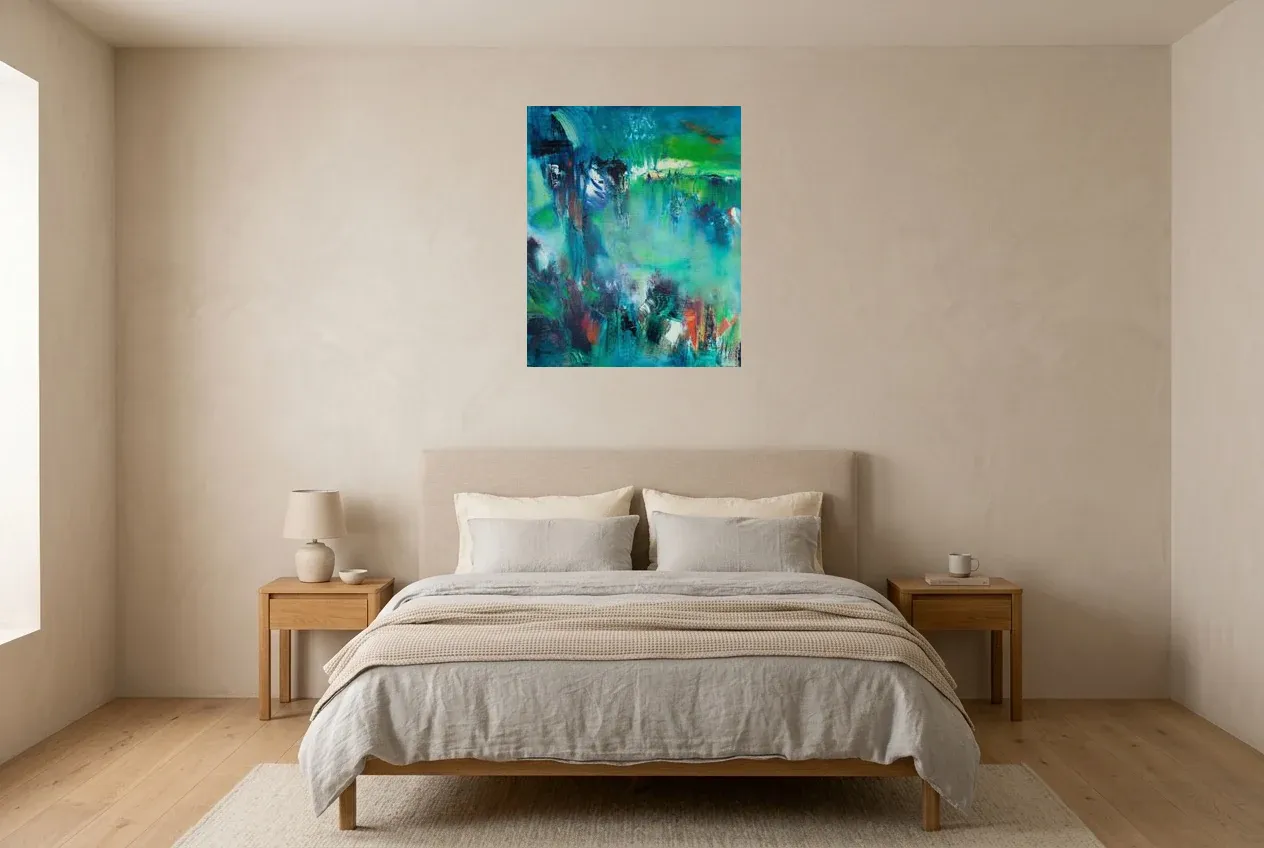 Green Abstract Painting 136 “Lac De Jungle”, original oil painting by Régine Gardan, 60 × 73 cm, hung in a bedroom