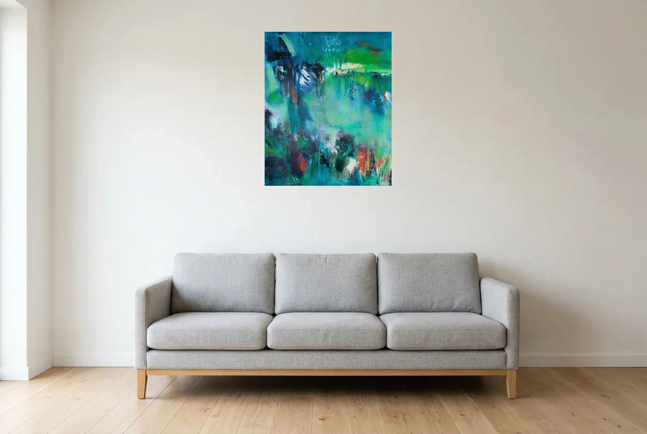 Green Abstract Painting 136 “Lac De Jungle”, original oil painting by Régine Gardan, 60 × 73 cm, hung in a living room