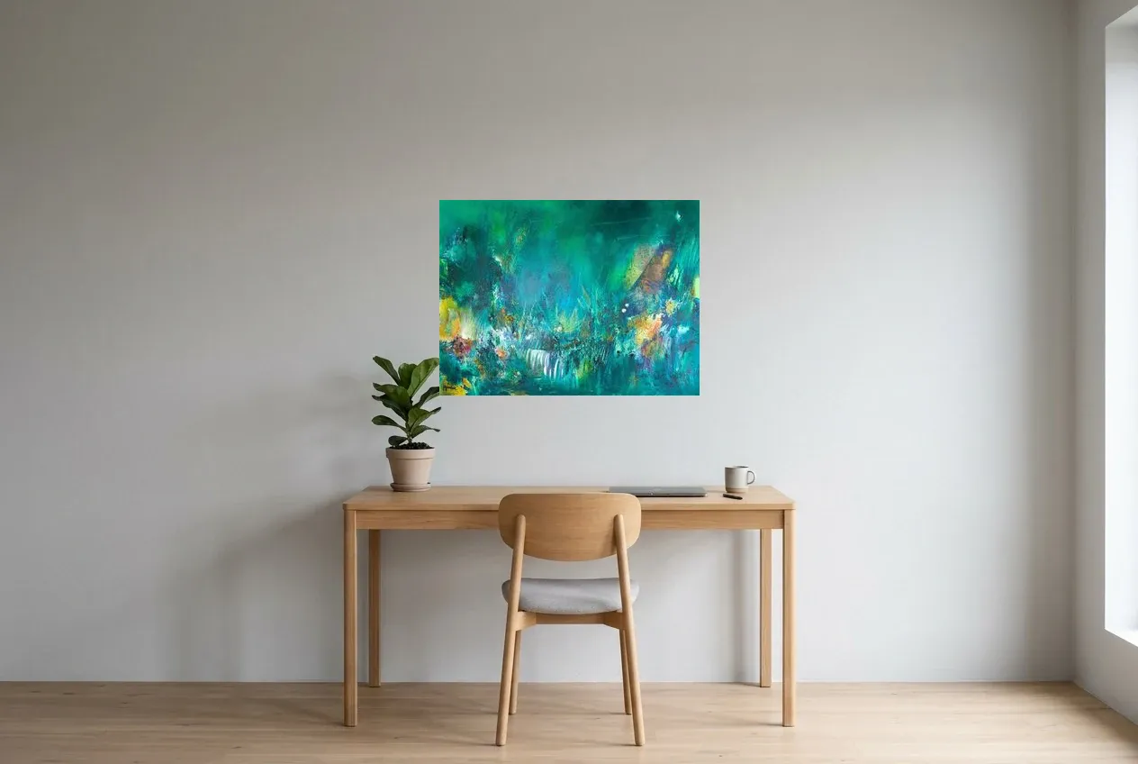 Green Abstract Painting 145 “Fleur de Lumière”, original oil painting by Régine Gardan, 80 × 60 cm, hung in a home office