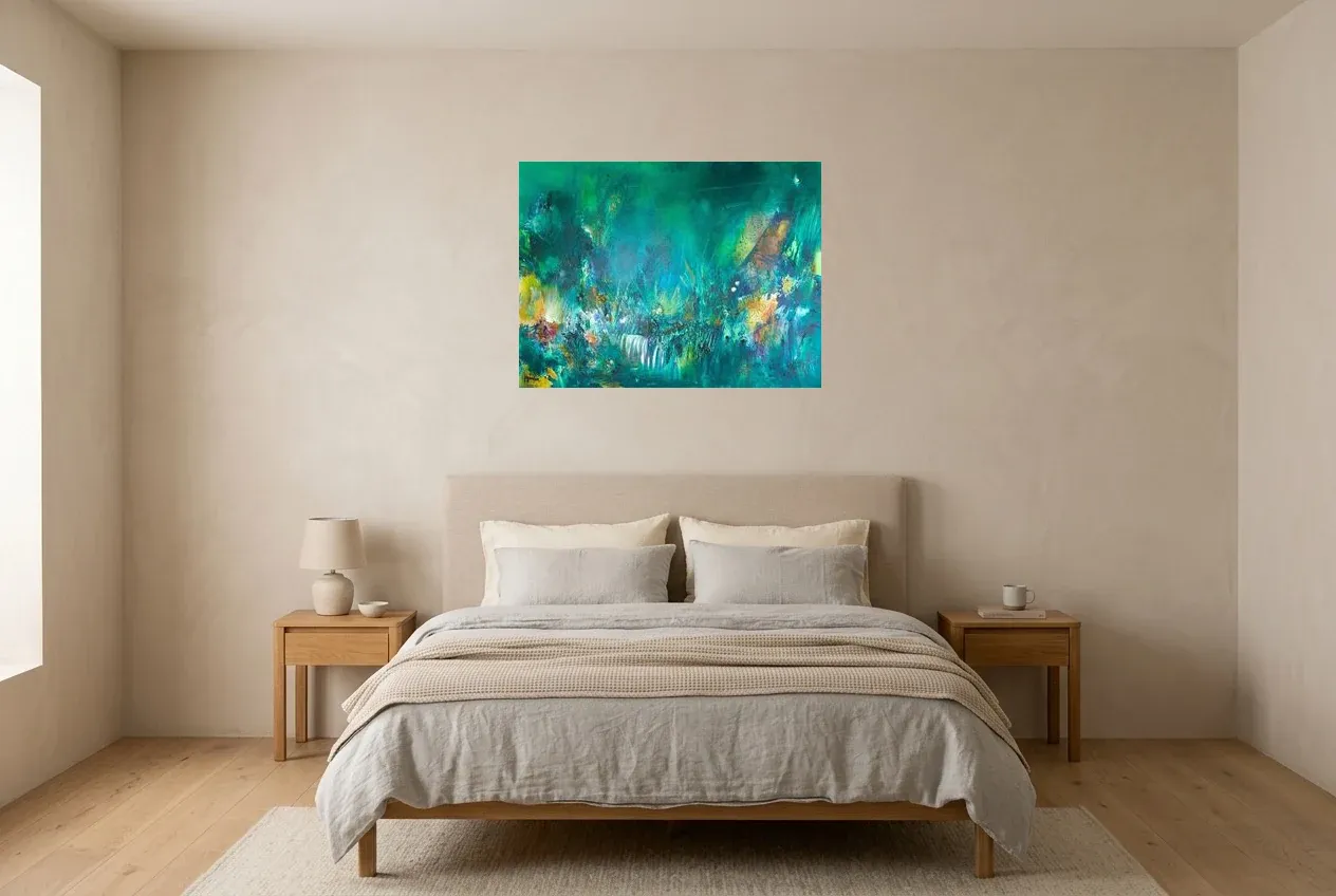 Green Abstract Painting 145 “Fleur de Lumière”, original oil painting by Régine Gardan, 80 × 60 cm, hung in a bedroom