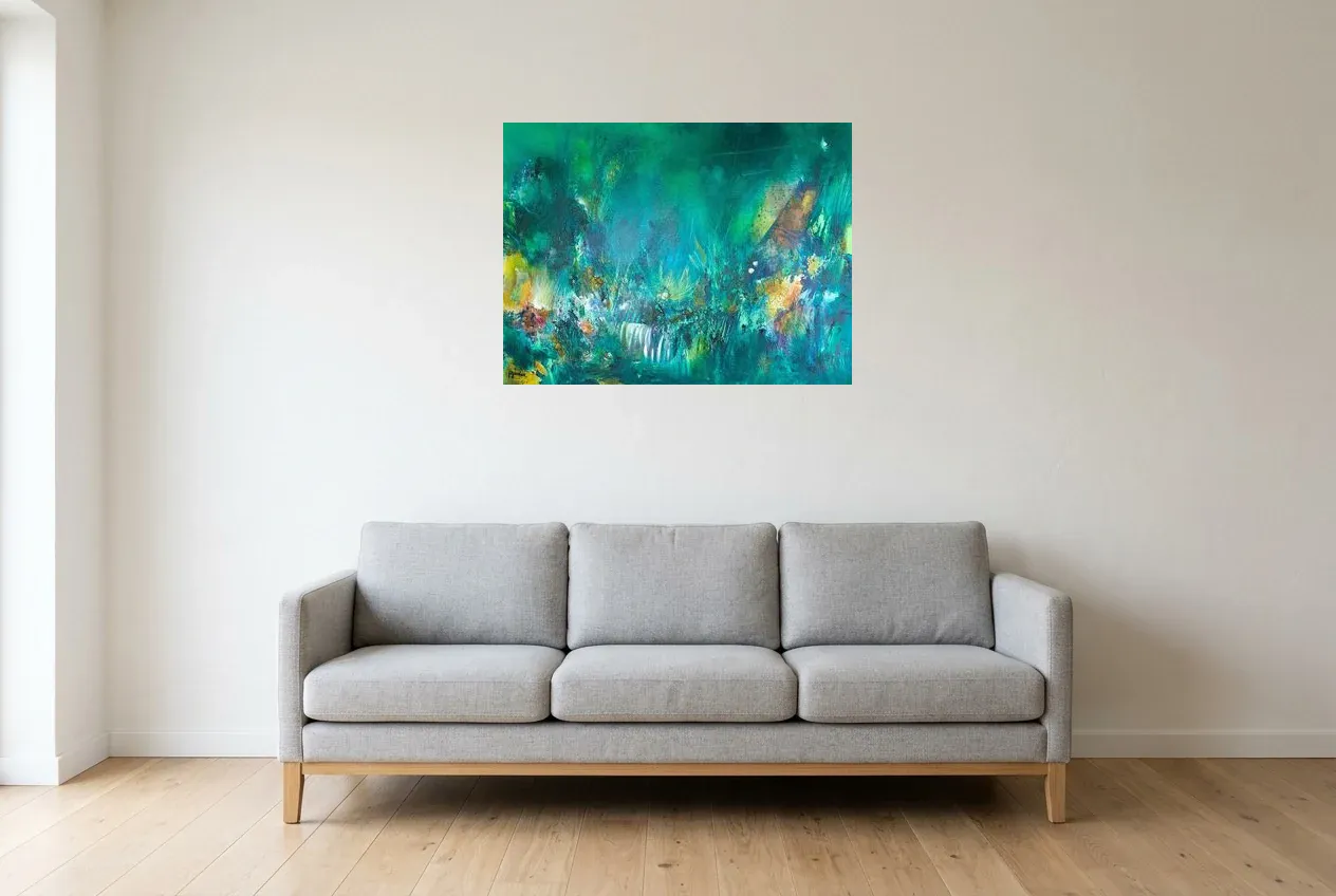 Green Abstract Painting 145 “Fleur de Lumière”, original oil painting by Régine Gardan, 80 × 60 cm, hung in a living room