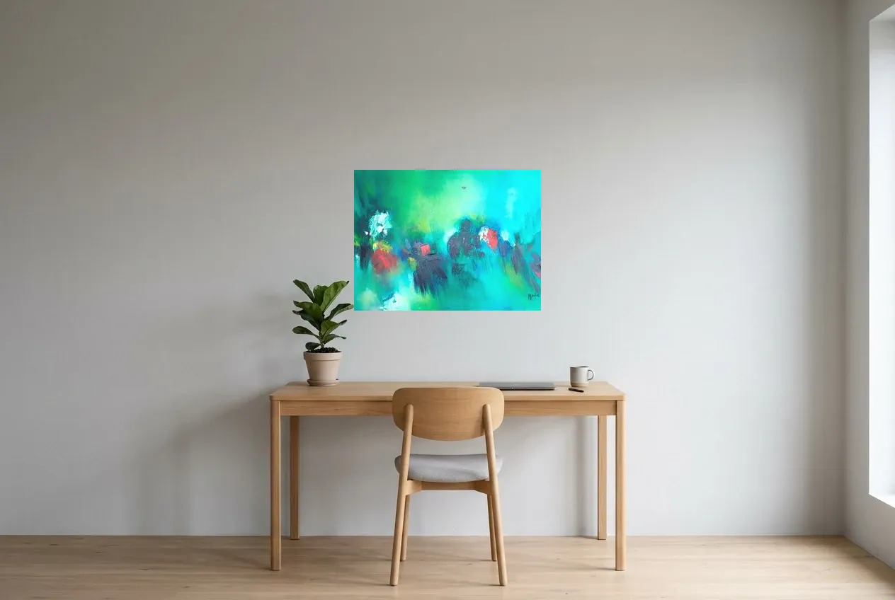 Green Abstract Painting 158 “Poésie Naturelle”, original oil painting by Régine Gardan, 73 × 55 cm, hung in a home office