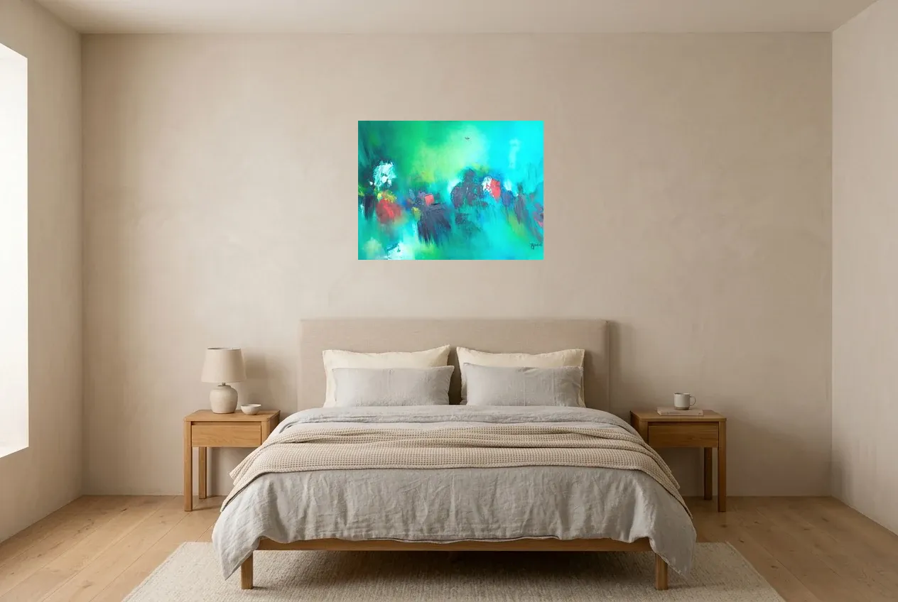 Green Abstract Painting 158 “Poésie Naturelle”, original oil painting by Régine Gardan, 73 × 55 cm, hung in a bedroom