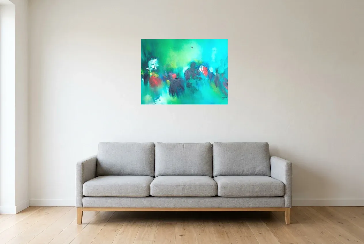 Green Abstract Painting 158 “Poésie Naturelle”, original oil painting by Régine Gardan, 73 × 55 cm, hung in a living room