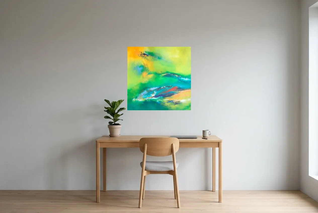 Cuadro Abstracto Verde 164 “Amazonie”, pintura original al óleo de Régine Gardan, 70 × 70 cm, colgado en un despacho