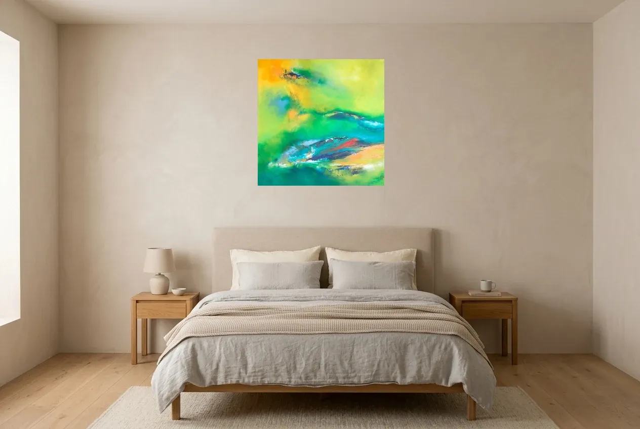 Cuadro Abstracto Verde 164 “Amazonie”, pintura original al óleo de Régine Gardan, 70 × 70 cm, colgado en un dormitorio